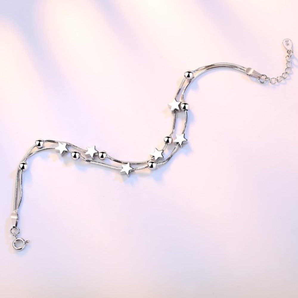 Sterling Silver Double Layer Star Bead Bracelet - Picture 2 of 5